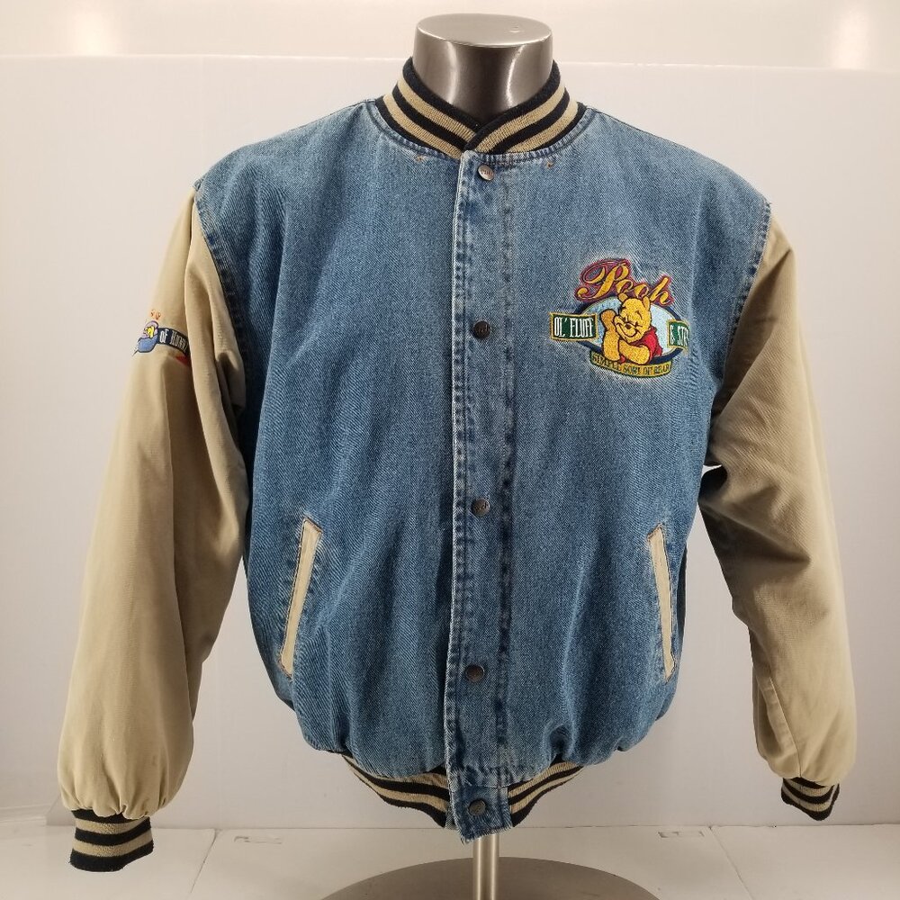DISNEY Store Winnie The Pooh Loyal True Denim Bomber Varsity Jacket M VTG 90s